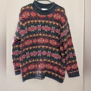 Vintage Cottagecore Casual Workstyles Sweater, Size:1X, Colors:Brown,Orange&Pink